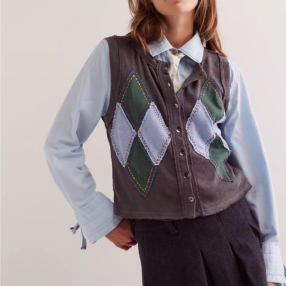 Free People Charcoal Gray Knit Vest with Green & Light Blue Argyle
